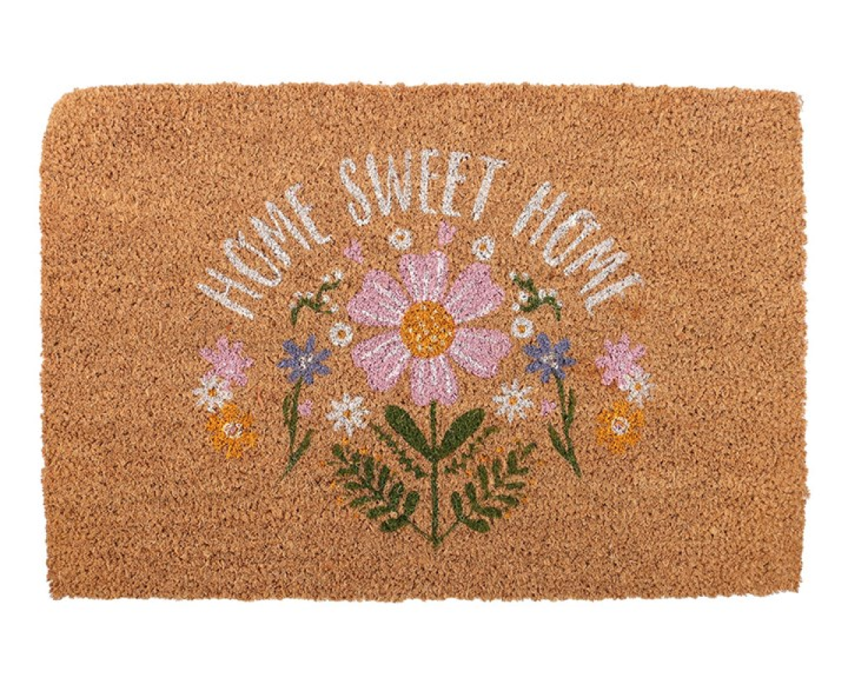 Decorative doormat with 'Home Sweet Home' and daisy design on a natural fibres background.