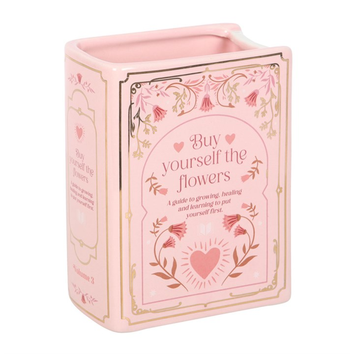 Pink book shaped flower vase with romance themed accents and 'Buy Yourself The Flowers' text.