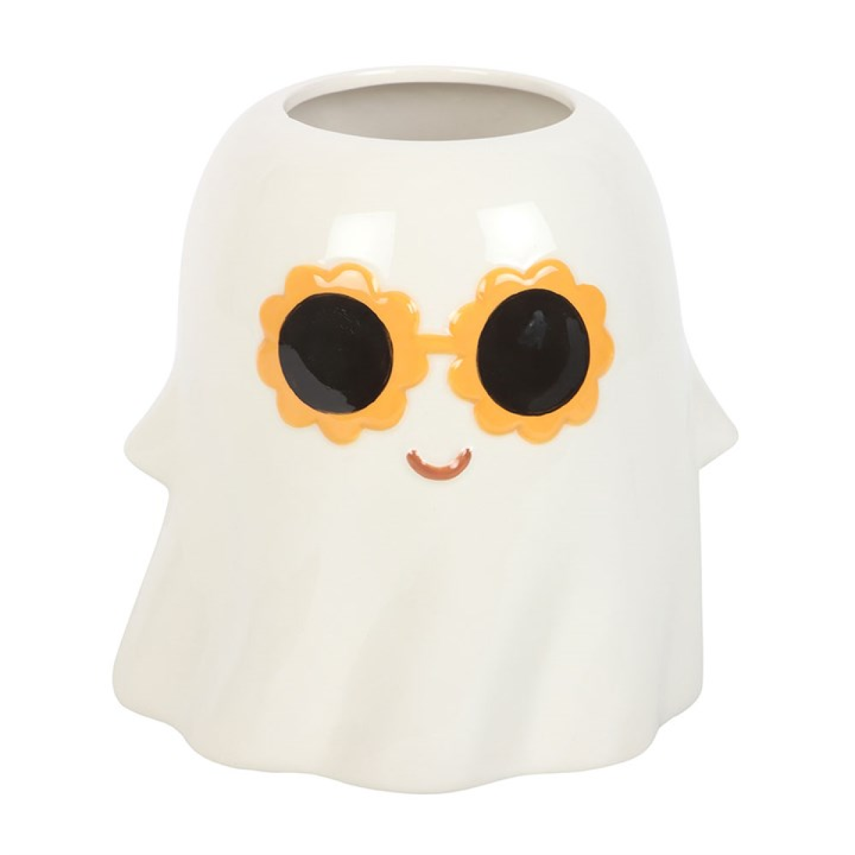 Groovy Ghost ceramic flower vase. Adorable ghost shape with 60s style sunflower sunglasses. 