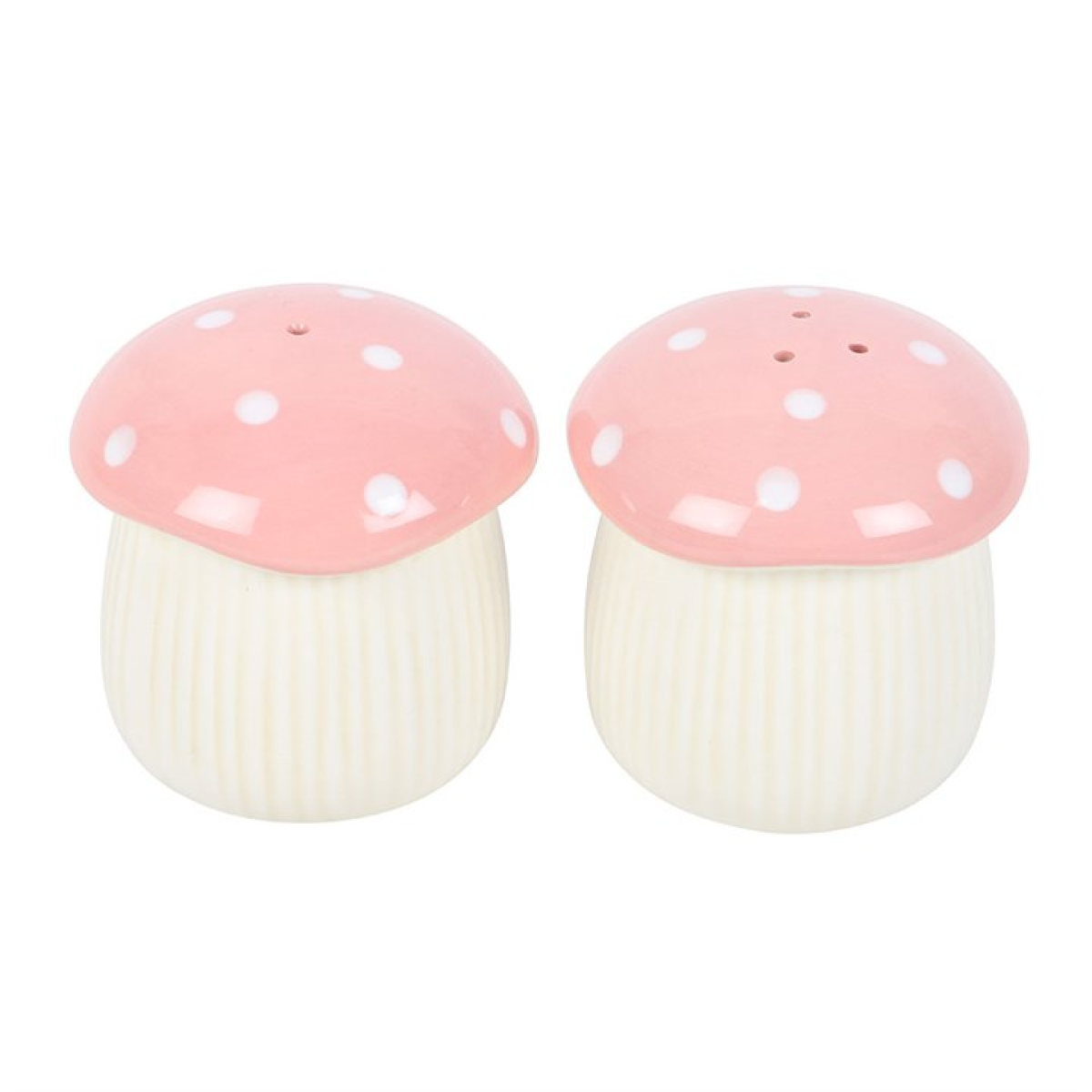 Pink ceramic mushroom shaped salt and pepper shaker set