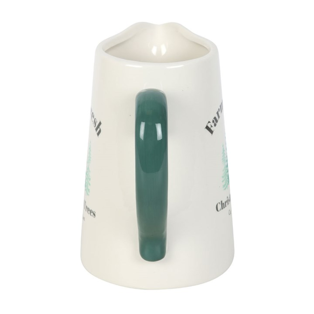 White ceramic pitcher style flower jug, with festive Farm Fresh Christmas Trees (Cut Your Own) design and coordinating green handle. 
