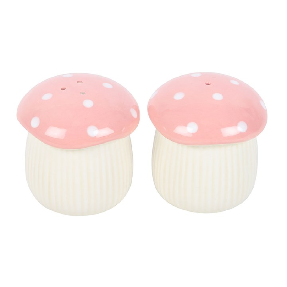Pink ceramic mushroom shaped salt and pepper shaker set