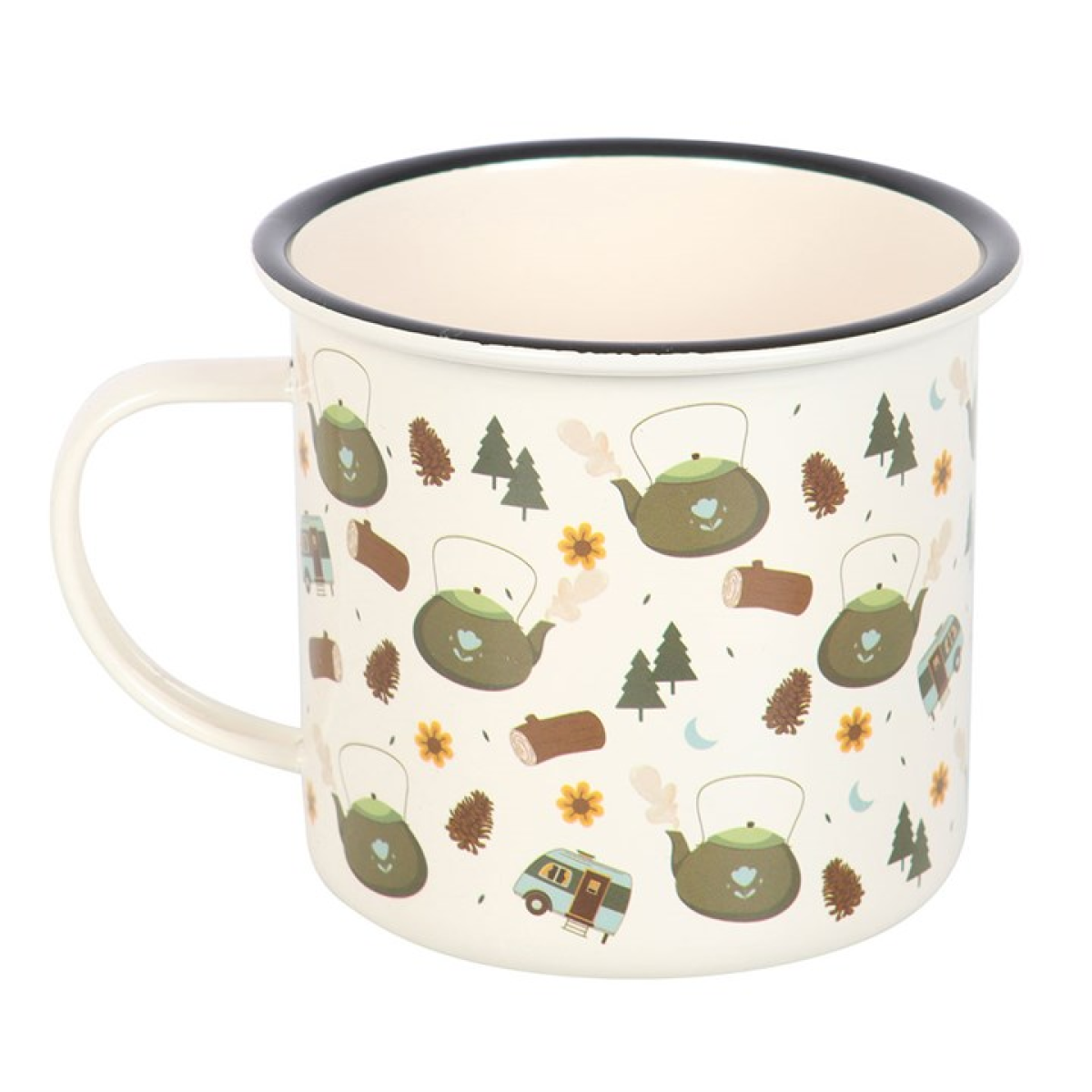Enamel mug with camping-inspired pattern on a white background.