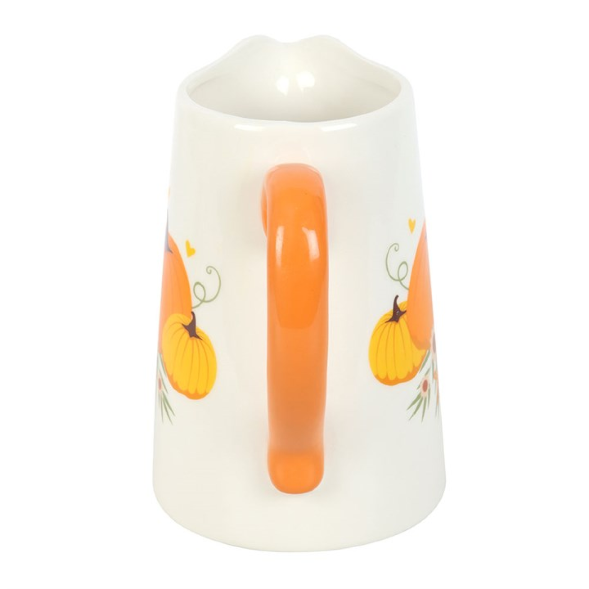 White pitcher flower jug with trio of pumpkin motif and orange handle. 