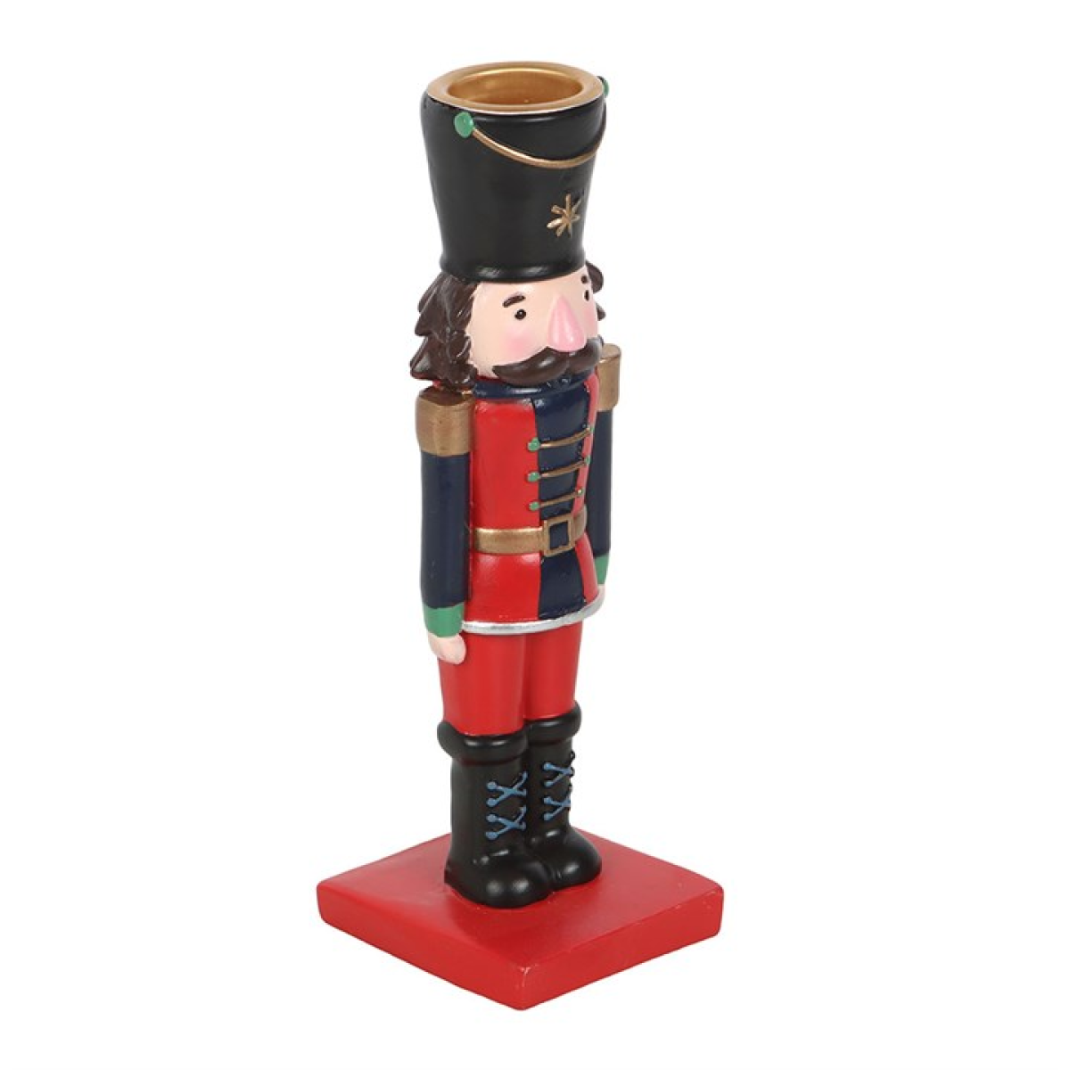 Traditional nutcracker shaped candle holder with complementing striped tapered candle. 