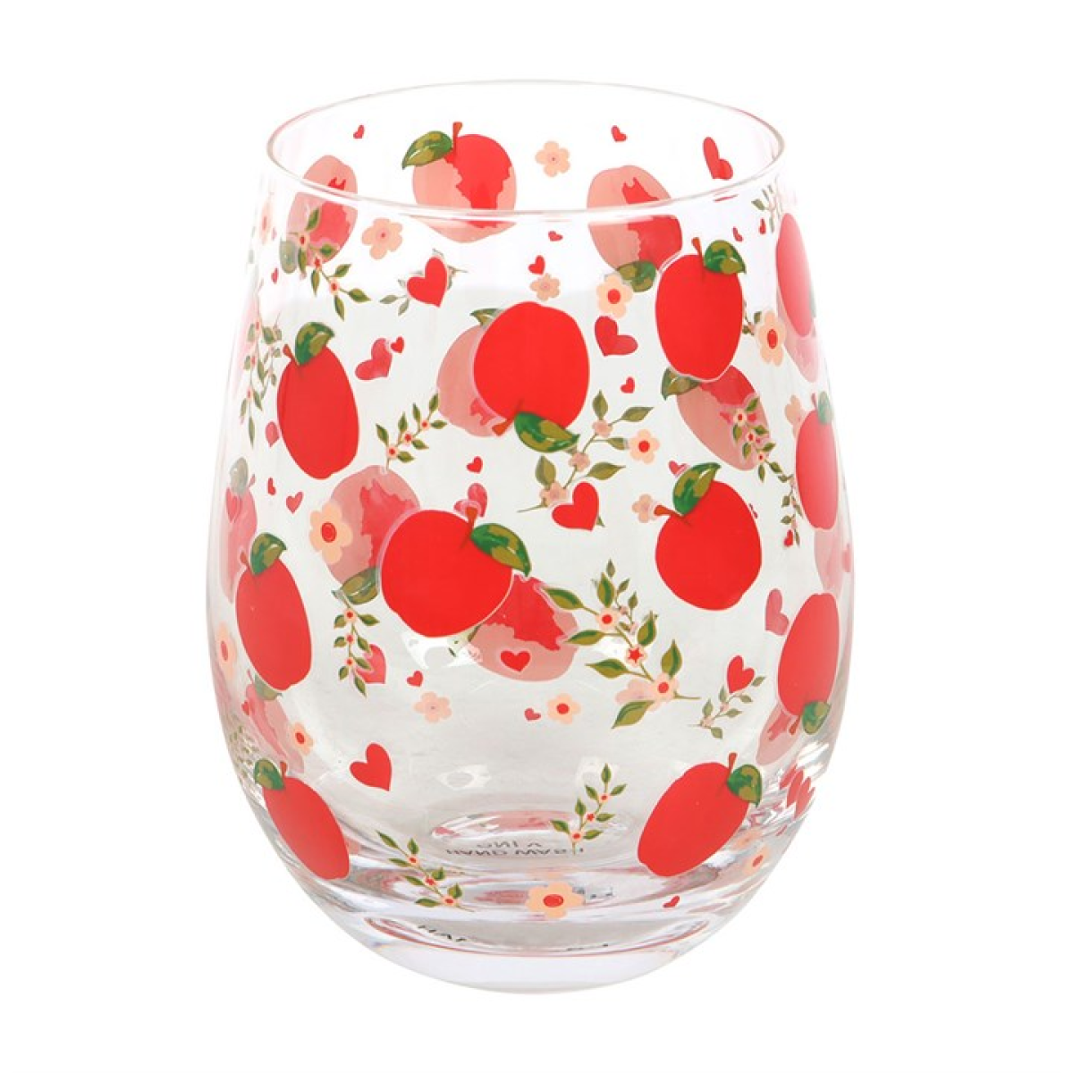Clear rounded water glass covered in a red apple motif.