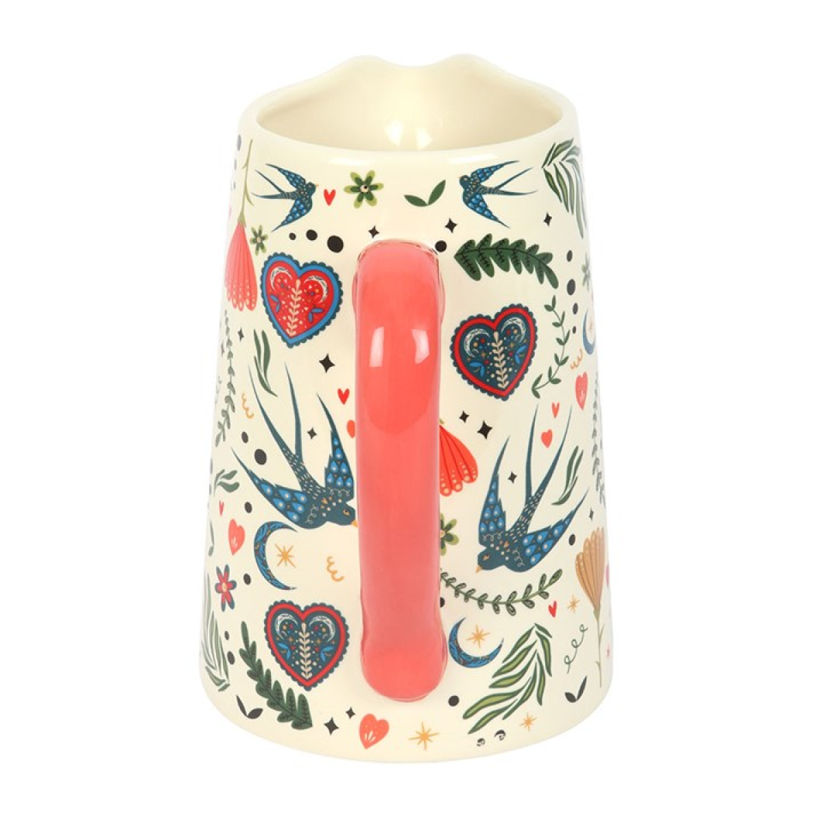 Bohemian flower jug with folk-style motif and pink handle.