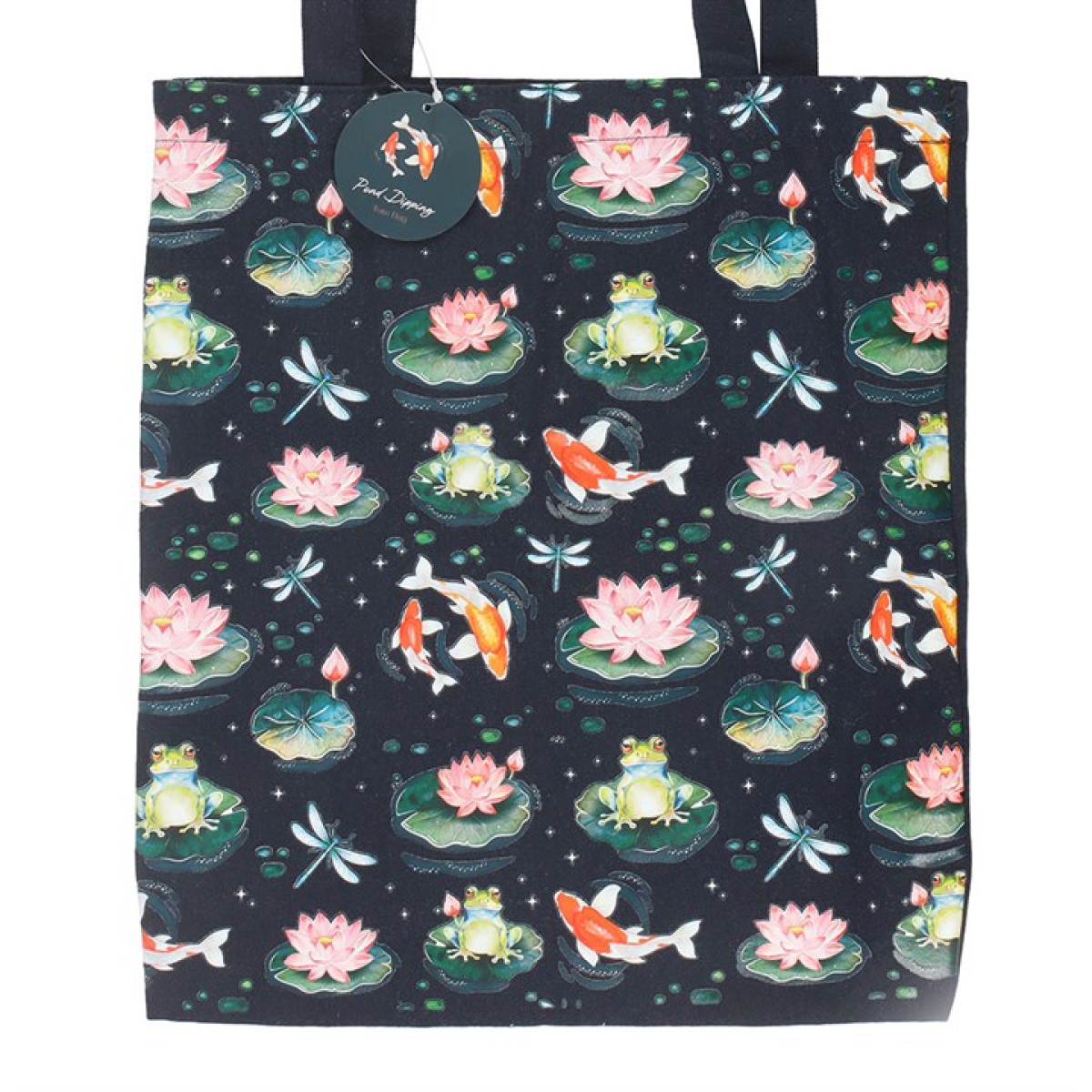 Navy canvas tote bag with koi and lily-pad motif. 