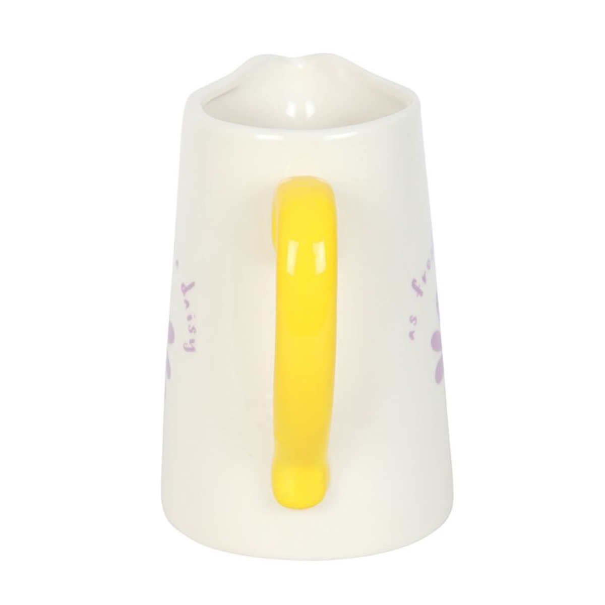 White ceramic flower jug with purple floral design, fresh as a daisy text and yellow handle. 