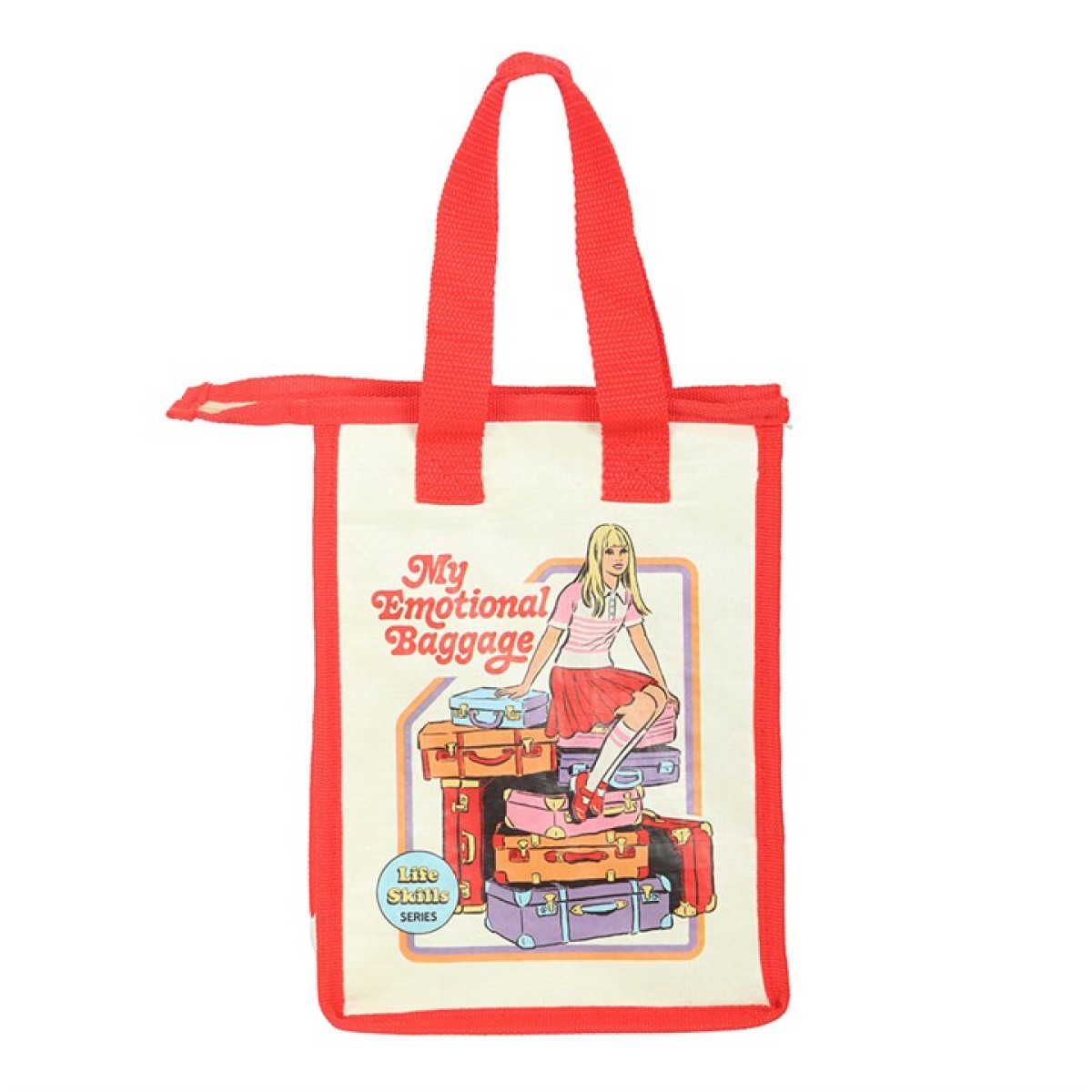 My Emotional Baggage retro reusable lunch bag designed by Steven Rhodes.  Insulated and made from recycled plastic.