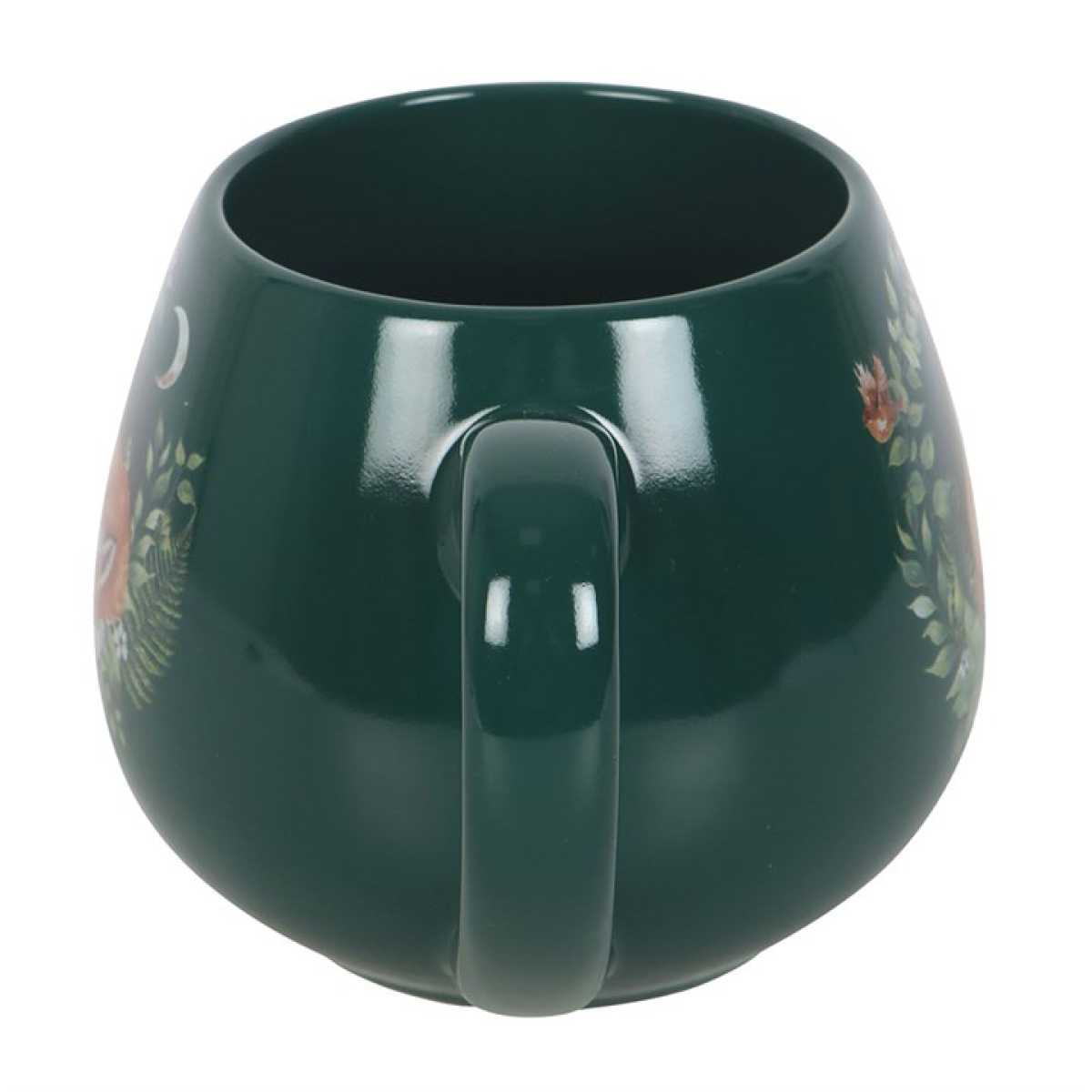 Green rounded ceramic mug with a charming sleeping fox nestled in the forest design. Side view.