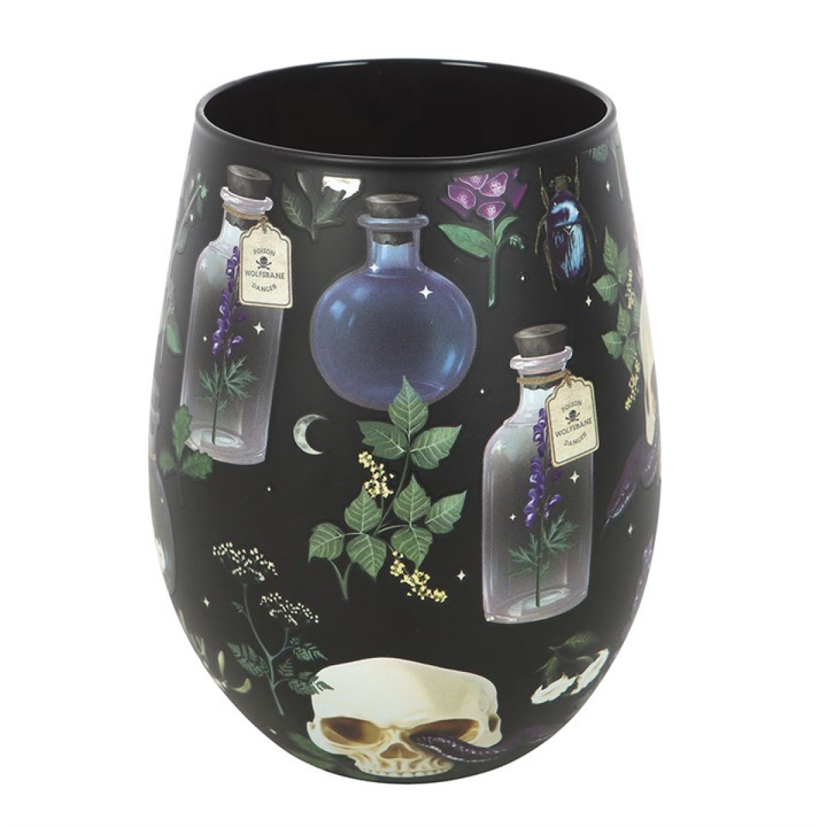 Black stemless wine glass covered in a poisonous plants, potion bottle and skull motif.