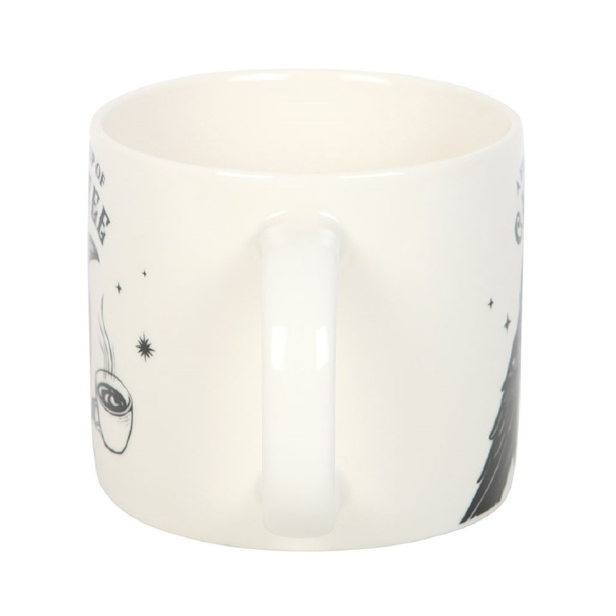 White ceramic mug with a cheeky gothic design - a raven holding a steaming cup of coffee - with 'A Fresh Cup of Cawfee' text. Side view.