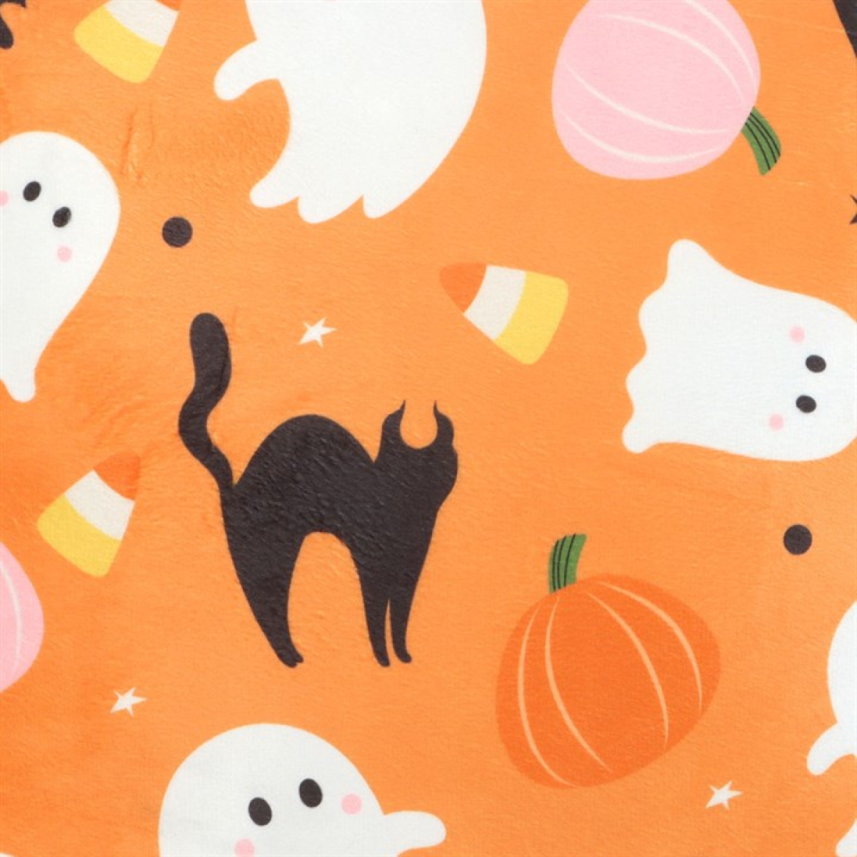Square orange throw cushion with an adorable Halloween theme, including ghosts, cats, bats, candy corns and pumpkins. Close up of design.