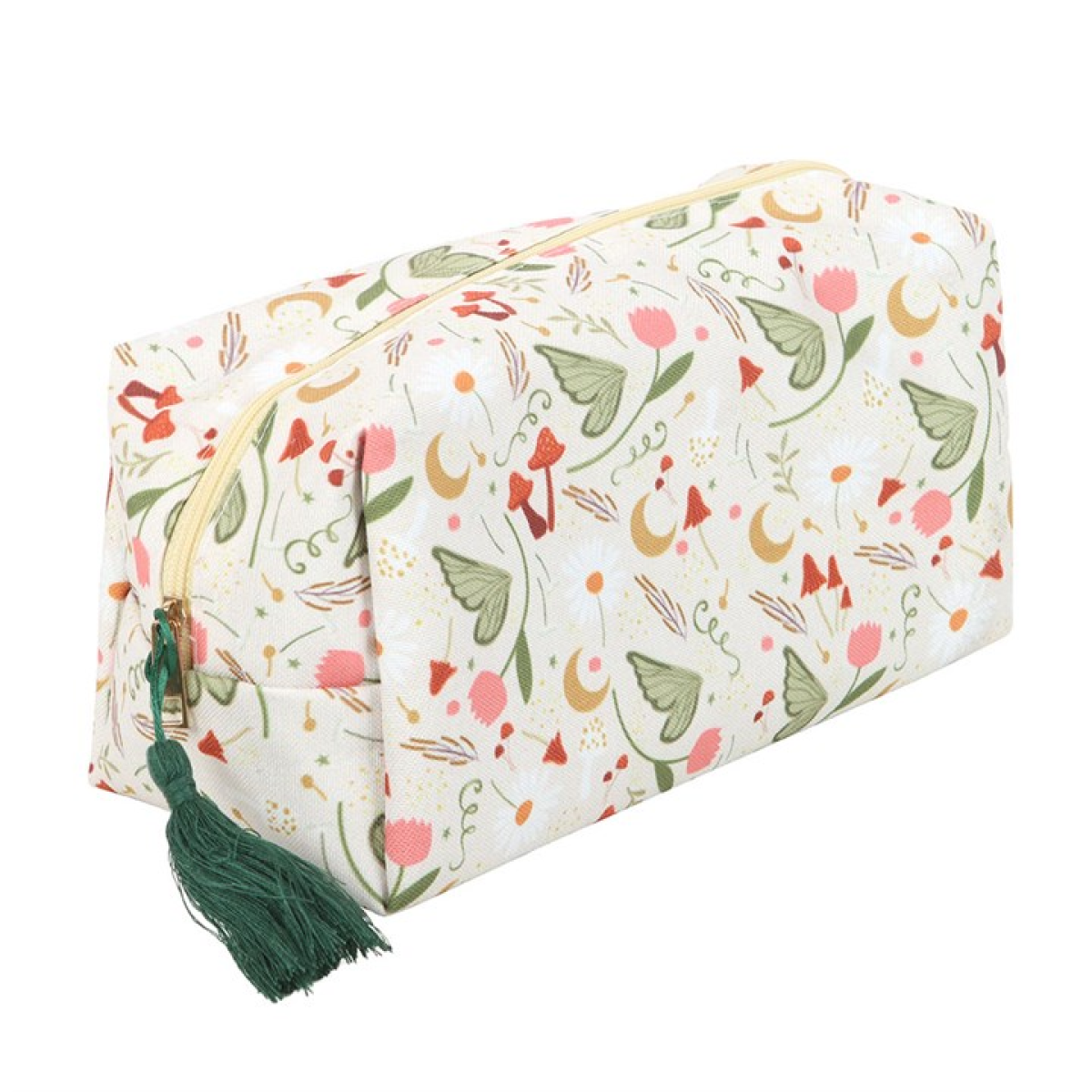 Zip-close polyester makeup bag with a whimsical fairy-lore design and teal tassel zip.