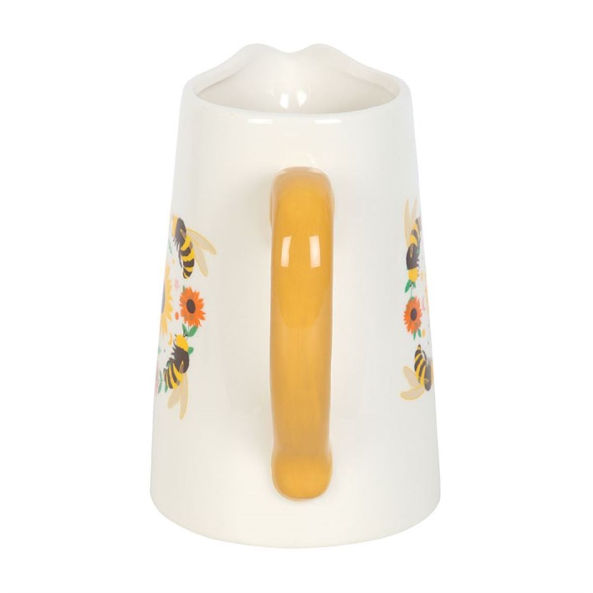 White flower jug pitcher featuring sunflower and bee motif with colourful yellow handle. 