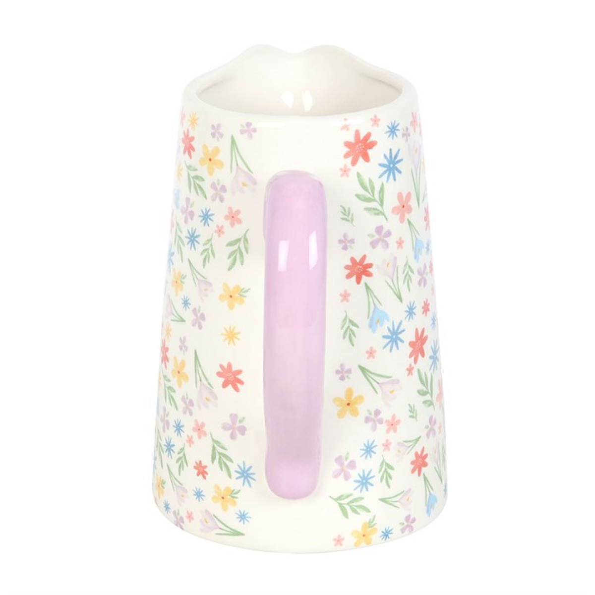 white ceramic flower jug with pastel floral motif. 