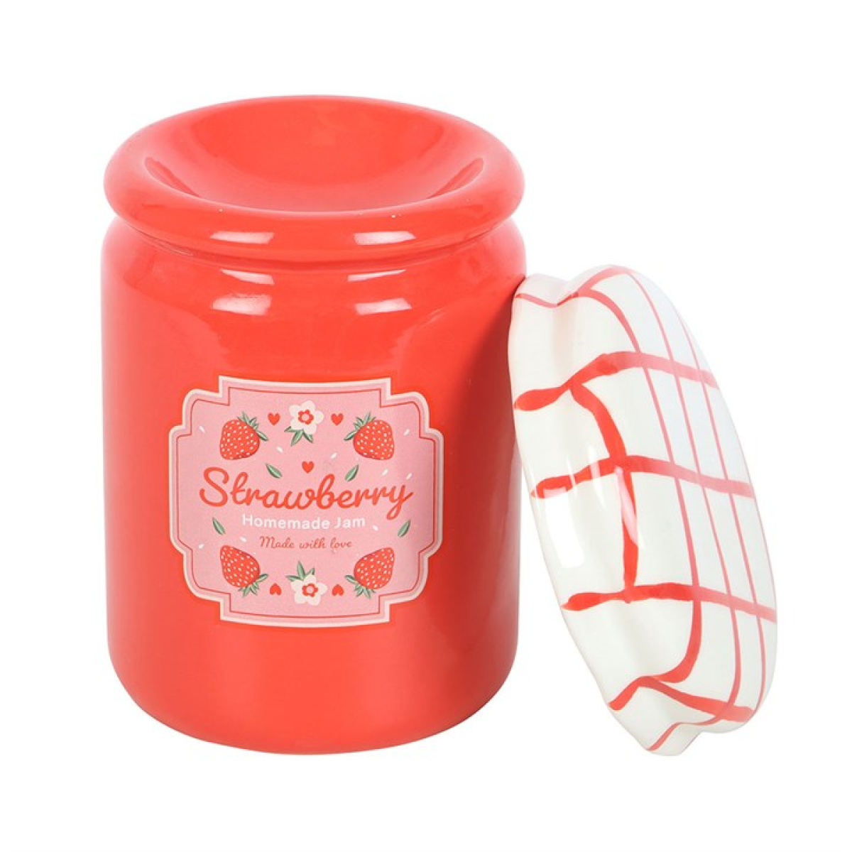 Strawberry jam jar shaped ceramic wax melter with gingham lid.