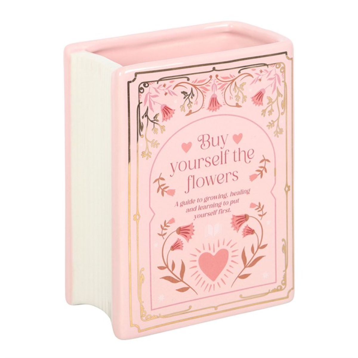 Pink book shaped flower vase with romance themed accents and 'Buy Yourself The Flowers' text.