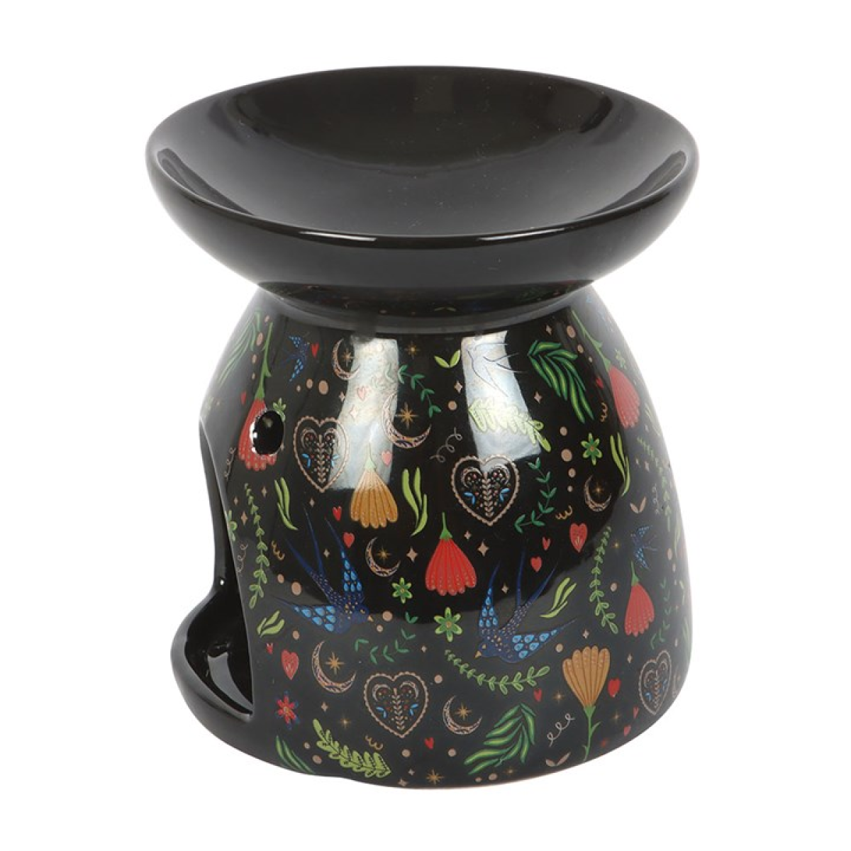Black gloss ceramic wax melter and oil burner with folksy fauna and flora print. 