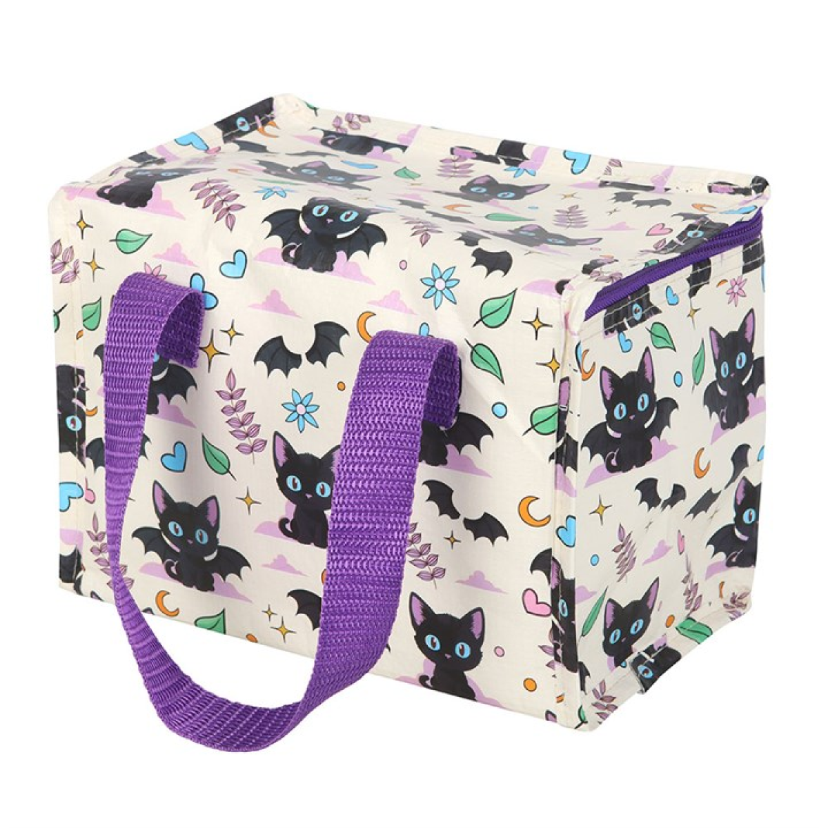 Insulated lunch bag with adorable cute and creepy cat pattern. 