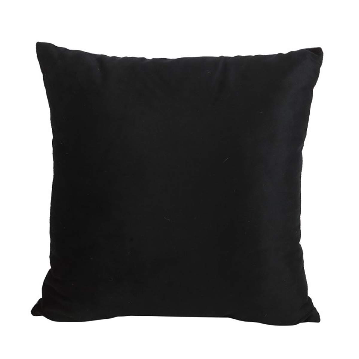 Black square throw cushion with tongue in cheek 'Same Old Sheet' text and adorable ghost motif. Reverse view.