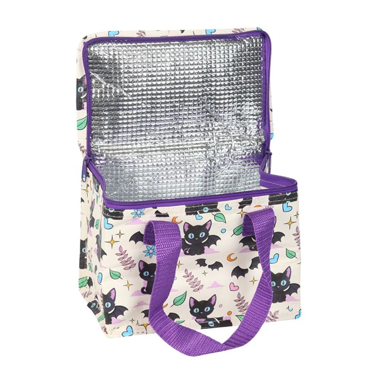 Insulated lunch bag with adorable cute and creepy cat pattern. 