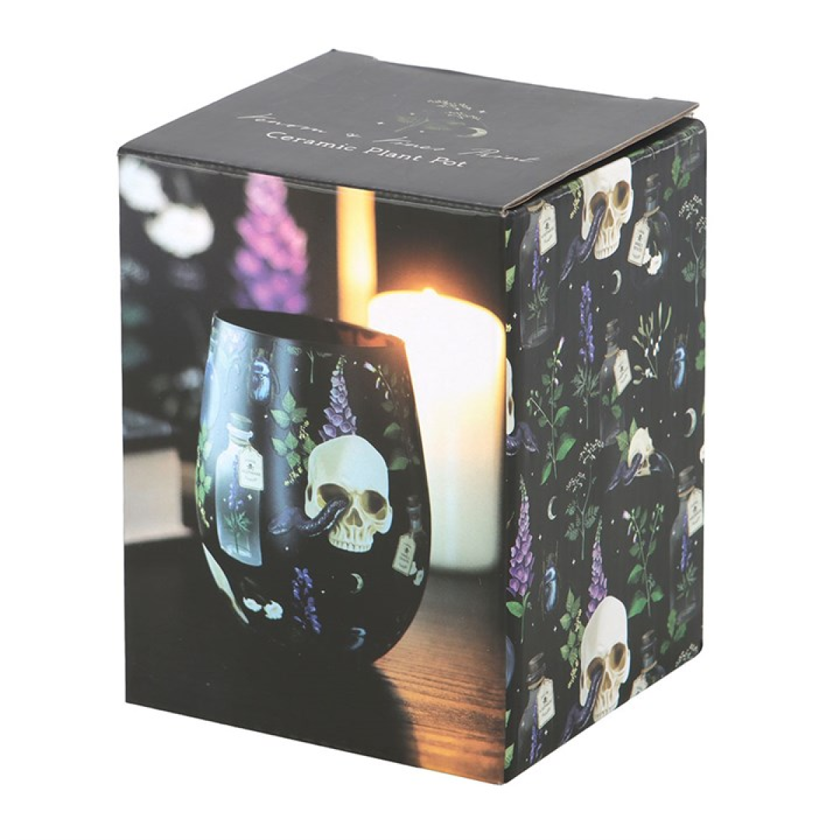 Black stemless wine glass covered in a poisonous plants, potion bottle and skull motif, presented in a themed box. 