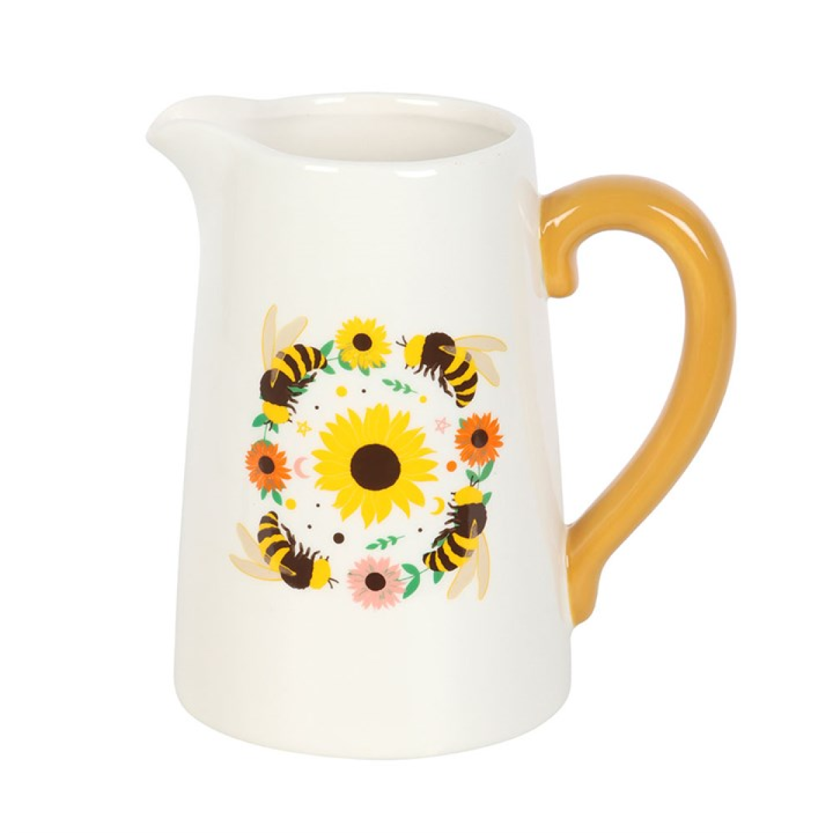 White flower jug pitcher featuring sunflower and bee motif with colourful yellow handle. 
