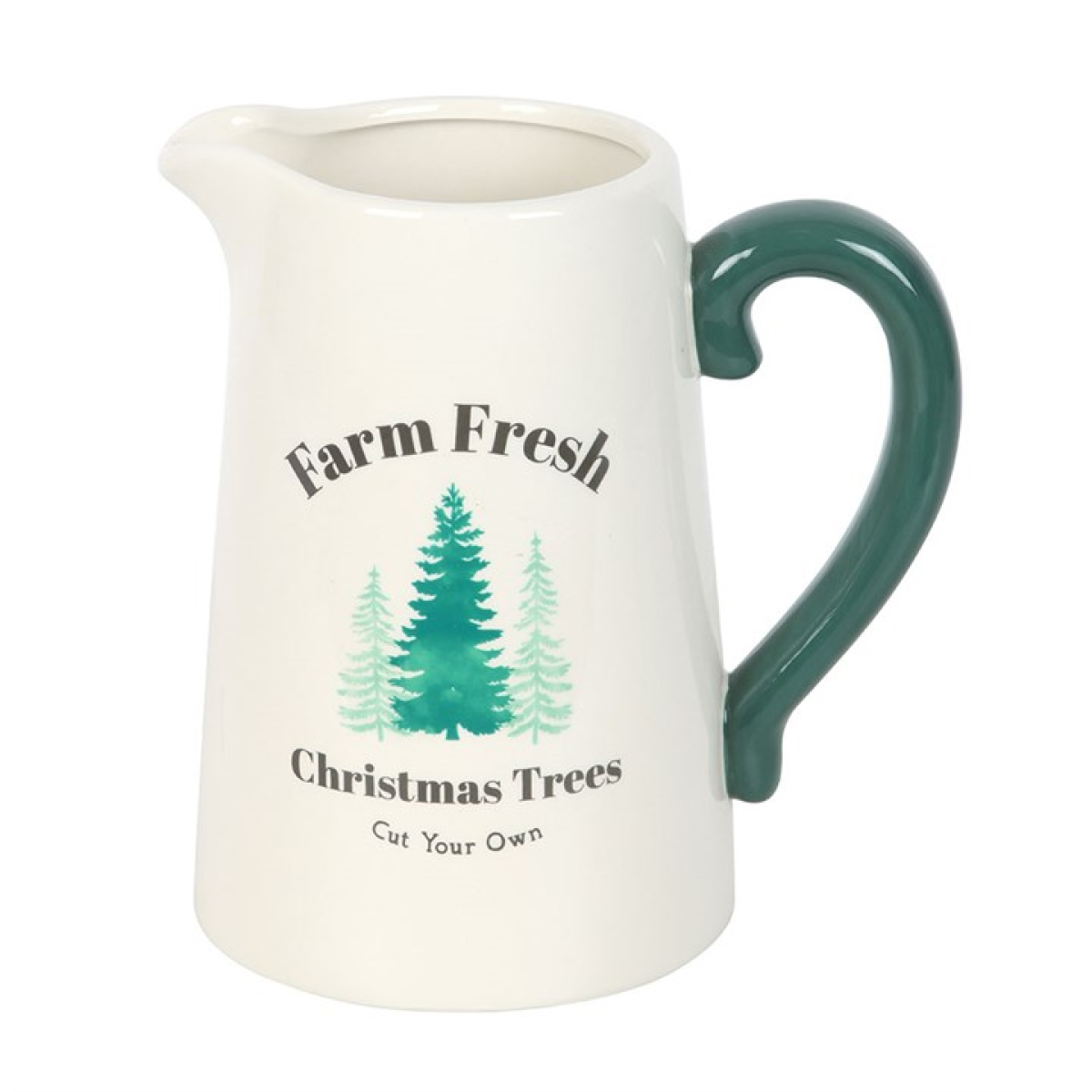 White ceramic pitcher style flower jug, with festive Farm Fresh Christmas Trees (Cut Your Own) design and coordinating green handle. 