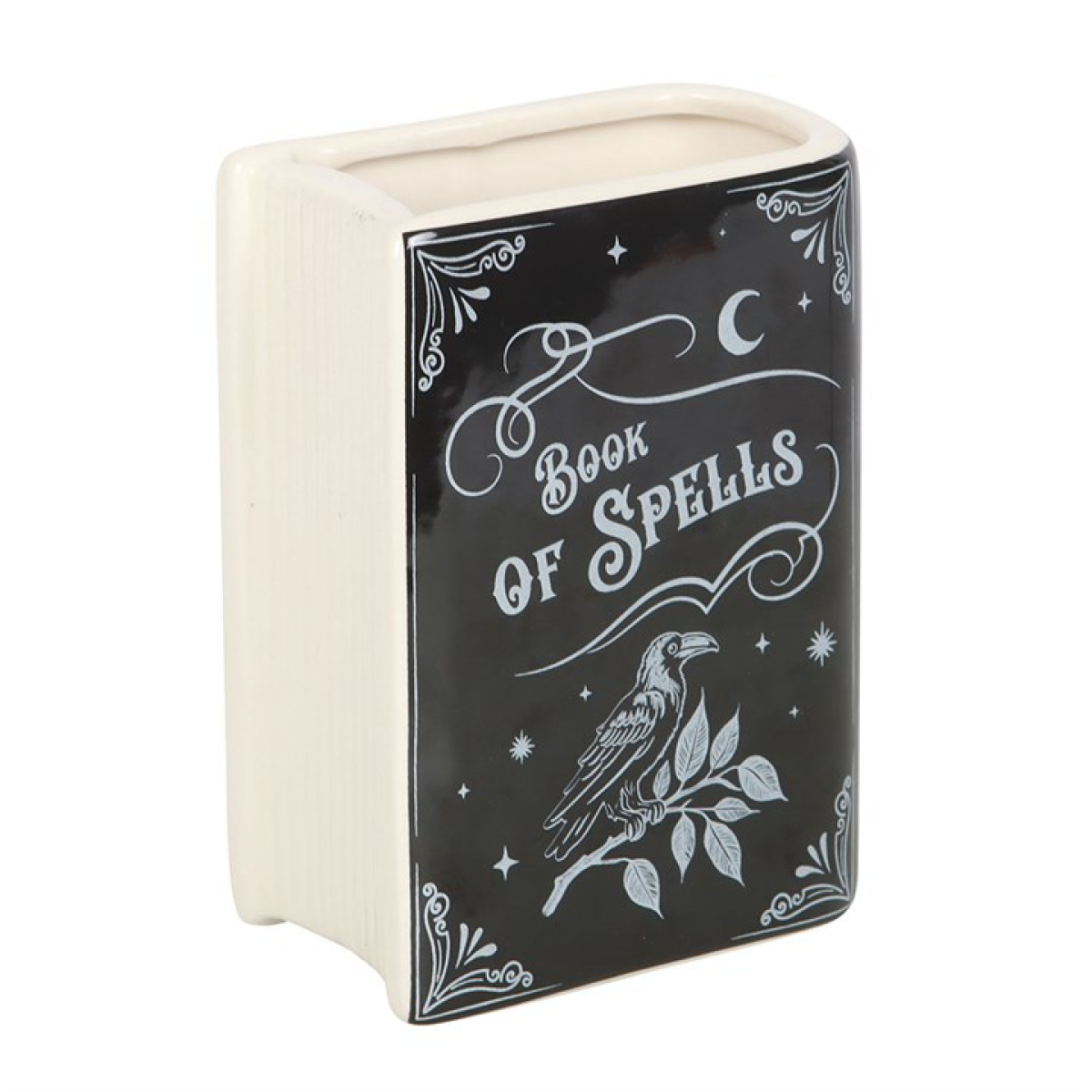 Book-shaped ceramic vase designed as an upright book of spells, complete with raven detailing. 