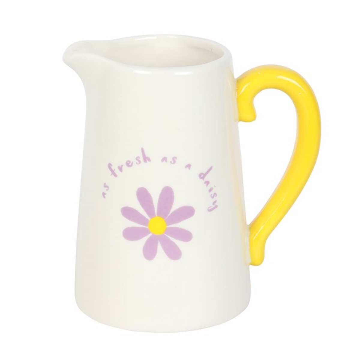 White ceramic flower jug with purple floral design, fresh as a daisy text and yellow handle. 