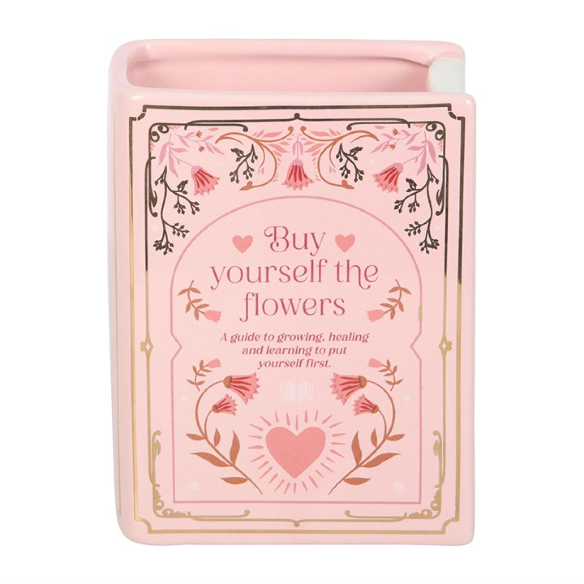 Pink book shaped flower vase with romance themed accents and 'Buy Yourself The Flowers' text.