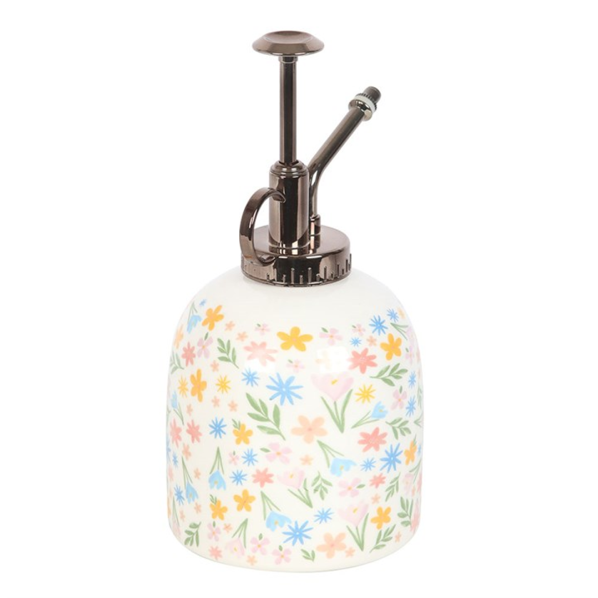 Ceramic plant mister finished with a pastel-hued spring florals motif and a silver effect spray pump. 