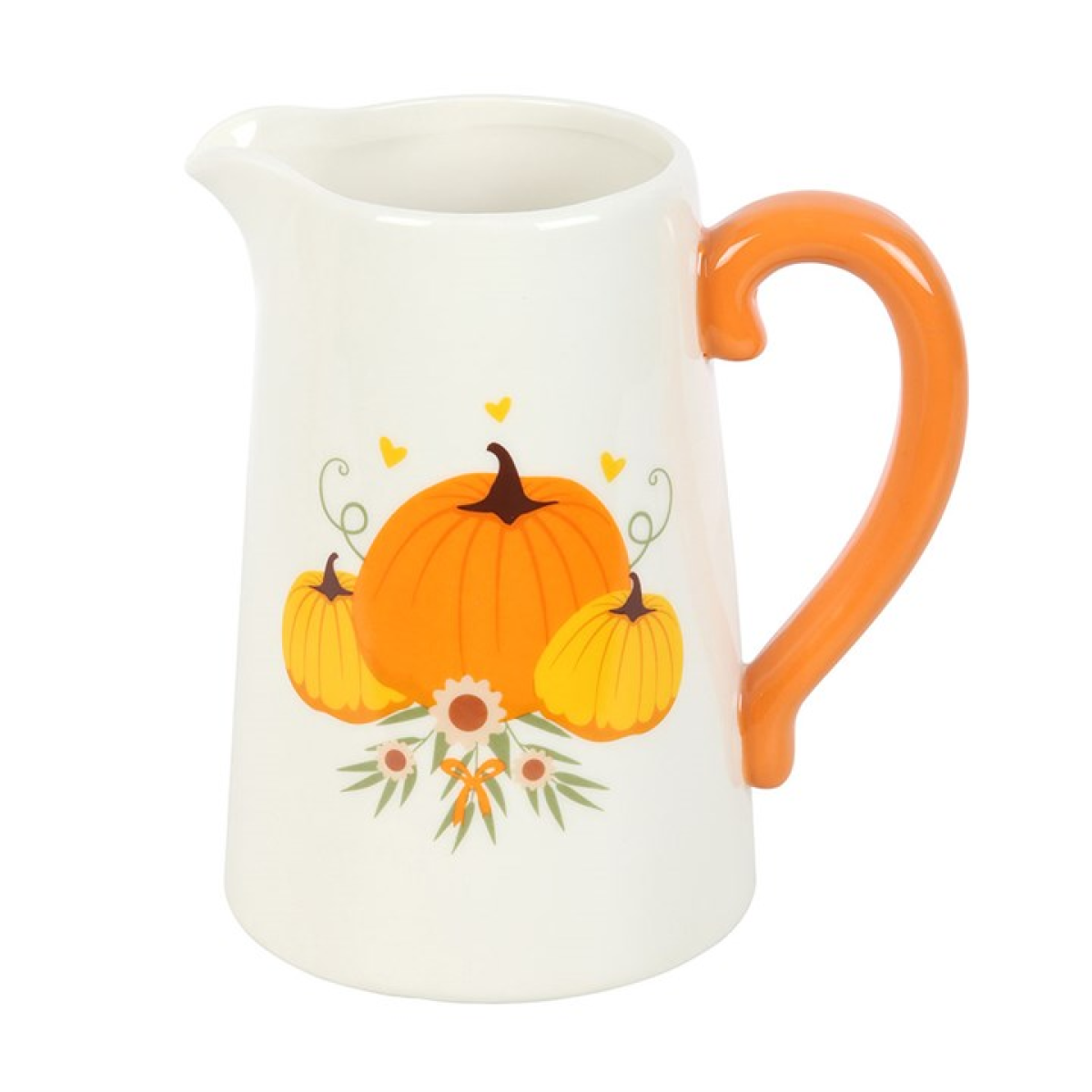 White pitcher flower jug with trio of pumpkin motif and orange handle. 