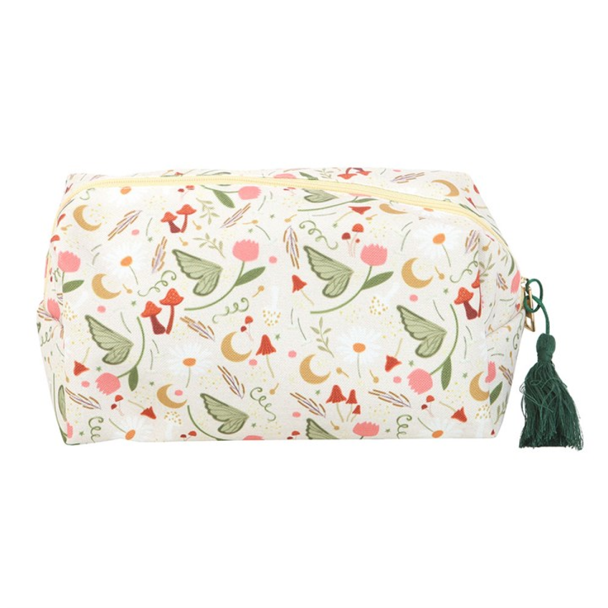 Zip-close polyester makeup bag with a whimsical fairy-lore design and teal tassel zip.