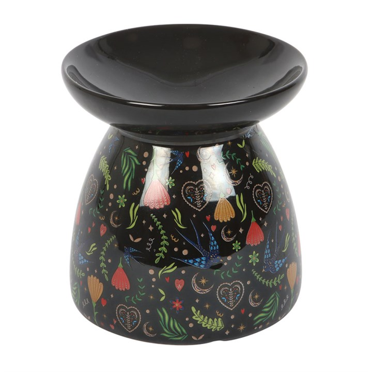 Black gloss ceramic wax melter and oil burner with folksy fauna and flora print. 
