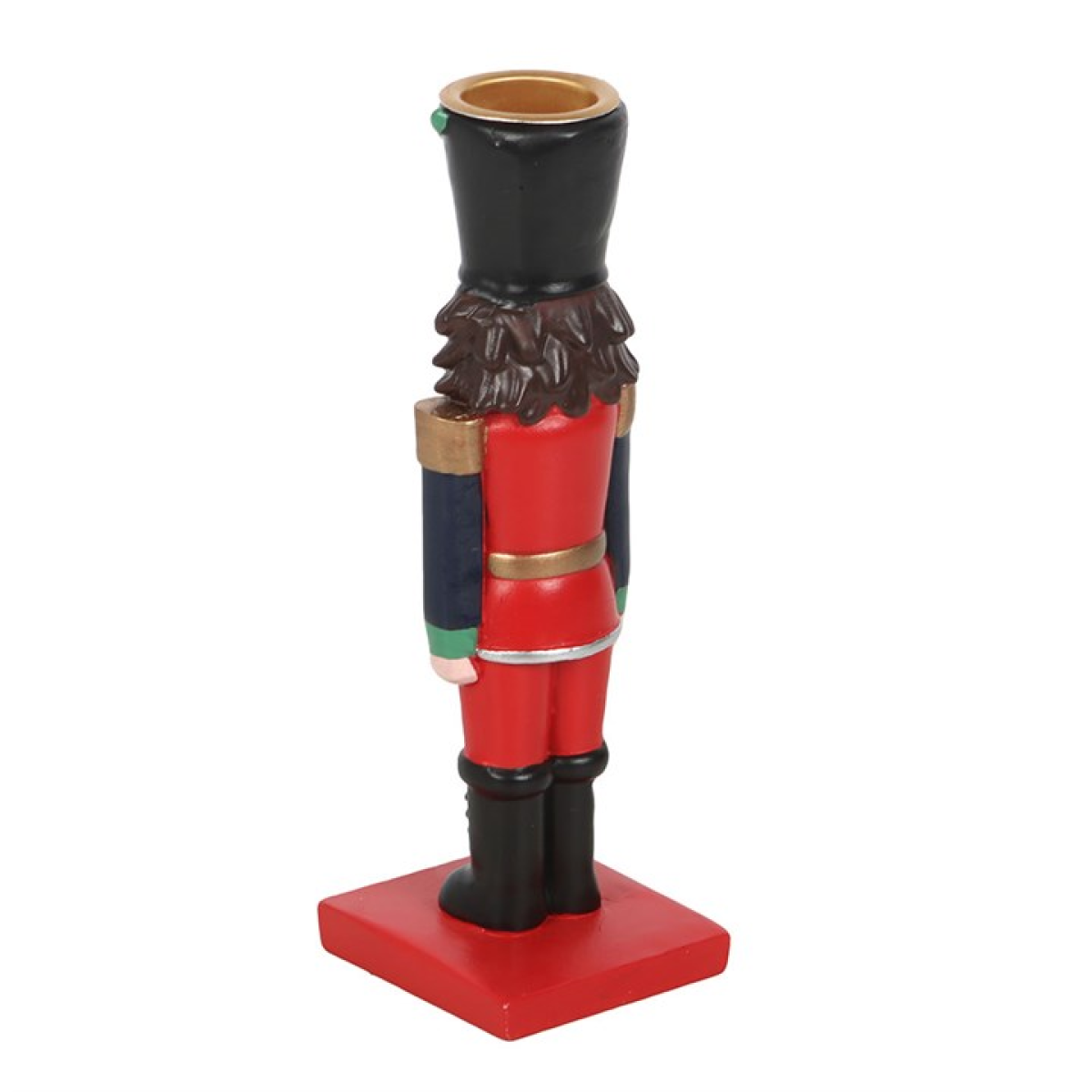 Traditional nutcracker shaped candle holder with complementing striped tapered candle. 