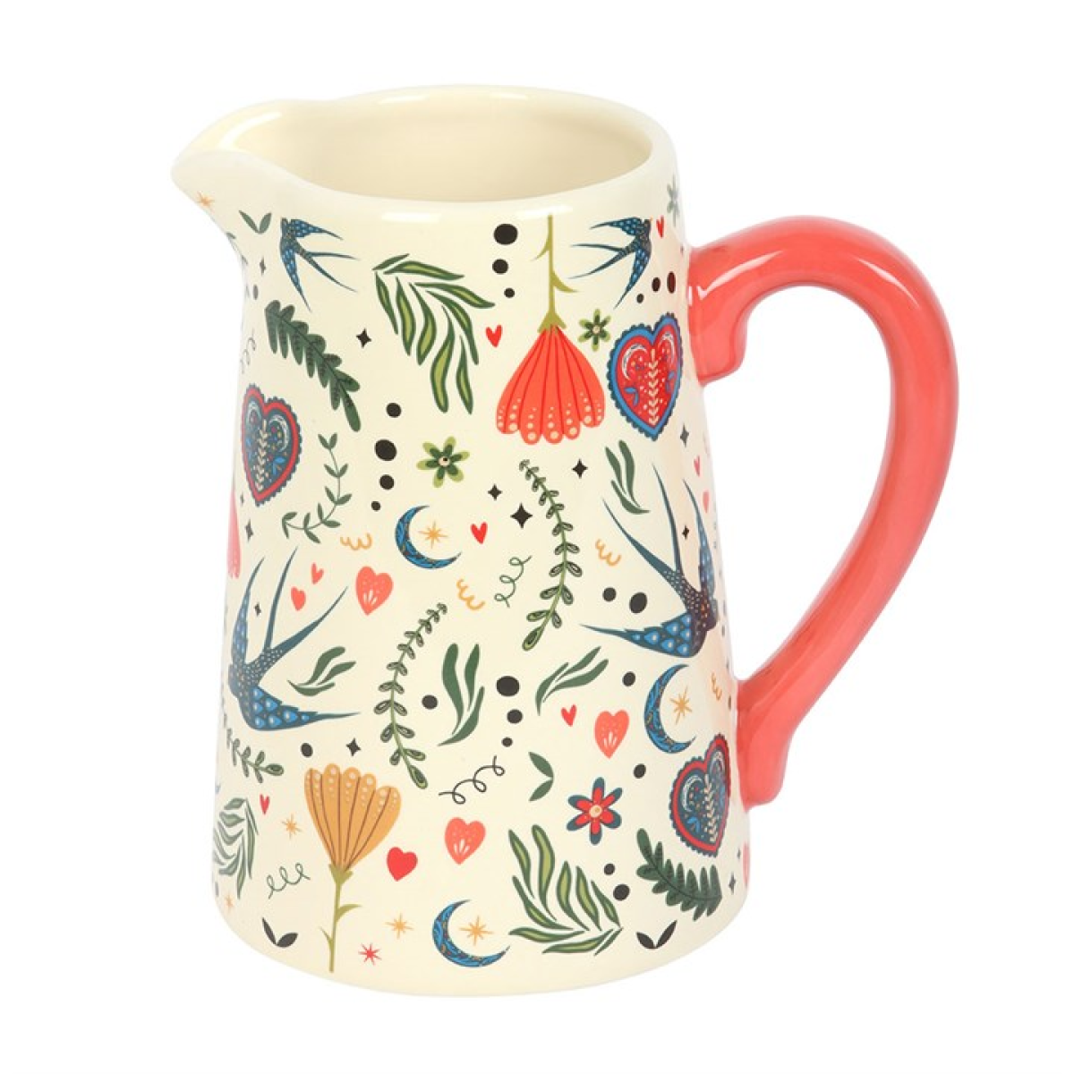 Bohemian flower jug with folk-style motif and pink handle.