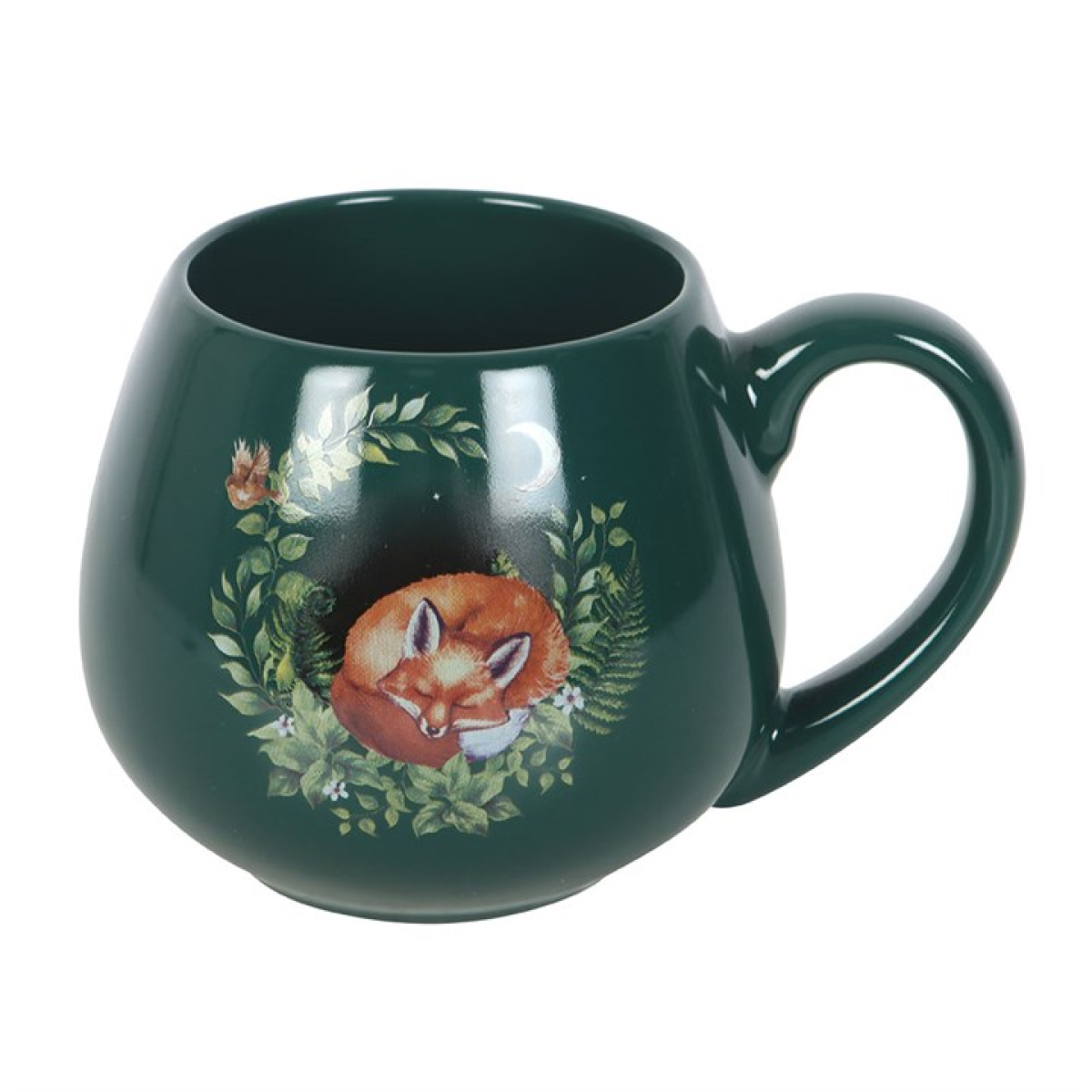 Green rounded ceramic mug with a charming sleeping fox nestled in the forest design. 