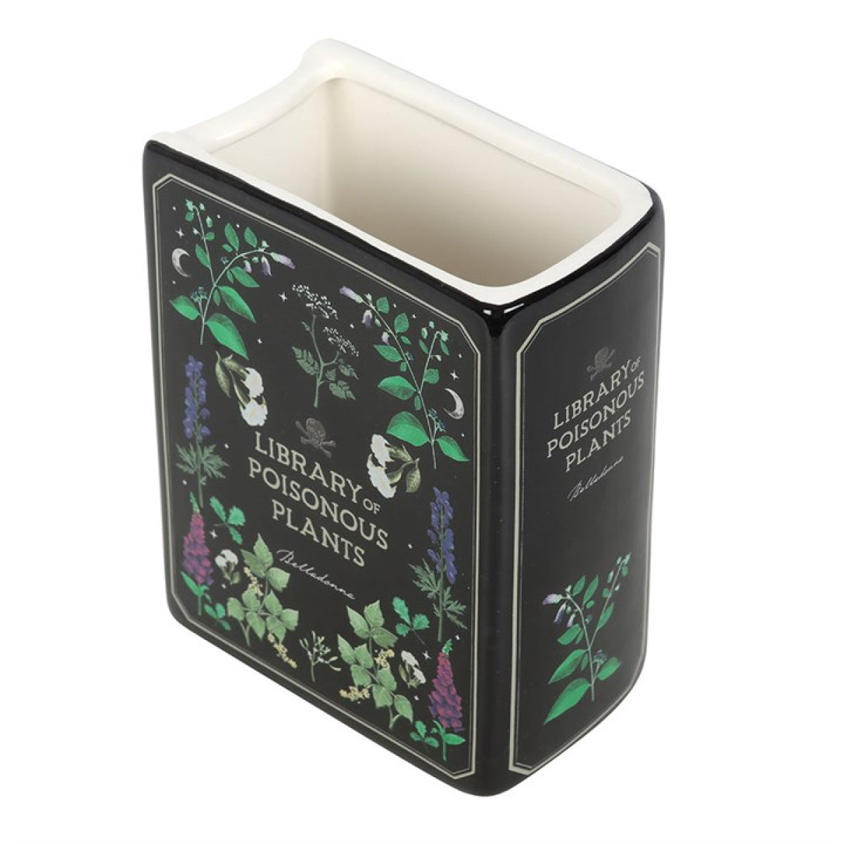 Library of Poisonous Plants book-shaped ceramic flower vase.