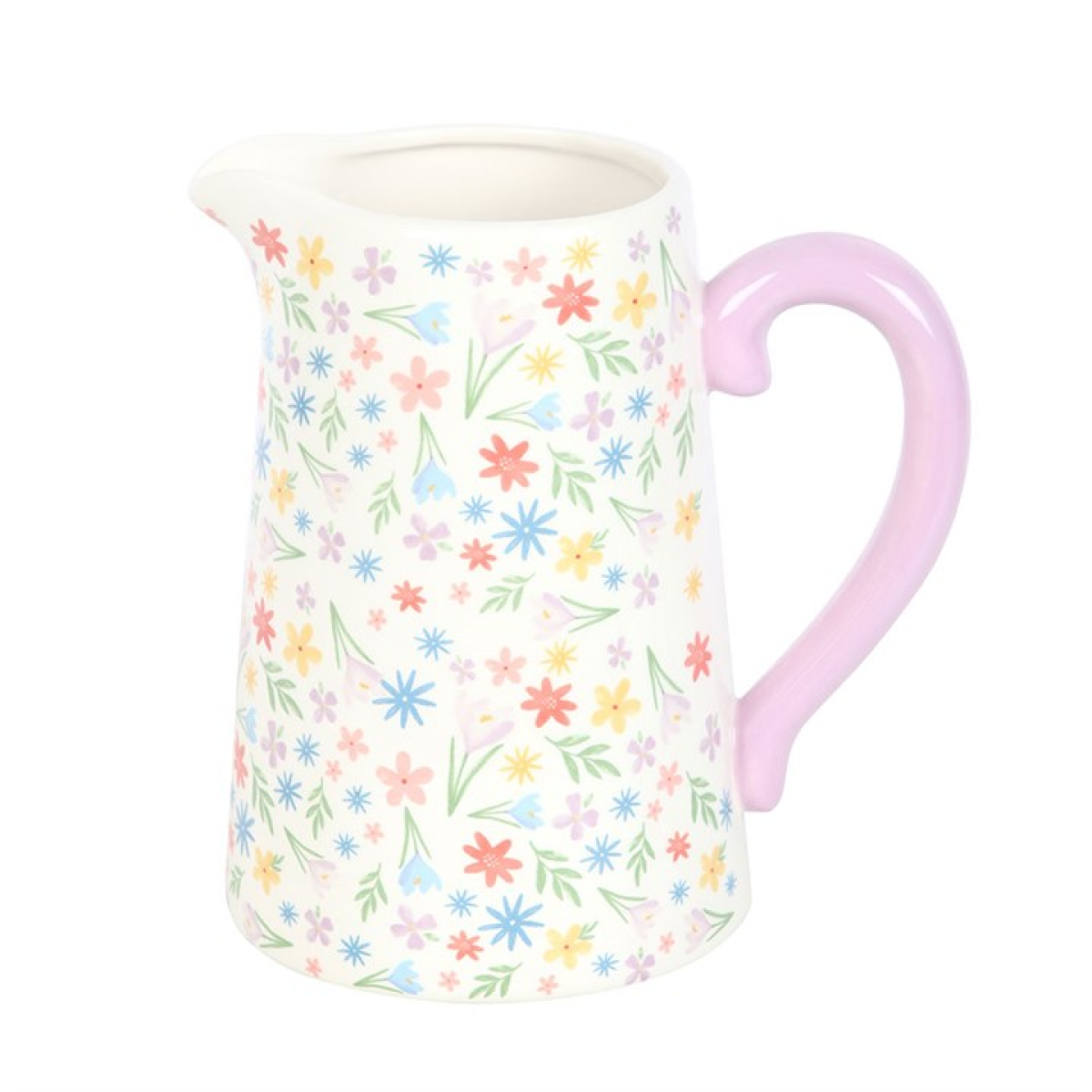 white ceramic flower jug with pastel floral motif. 
