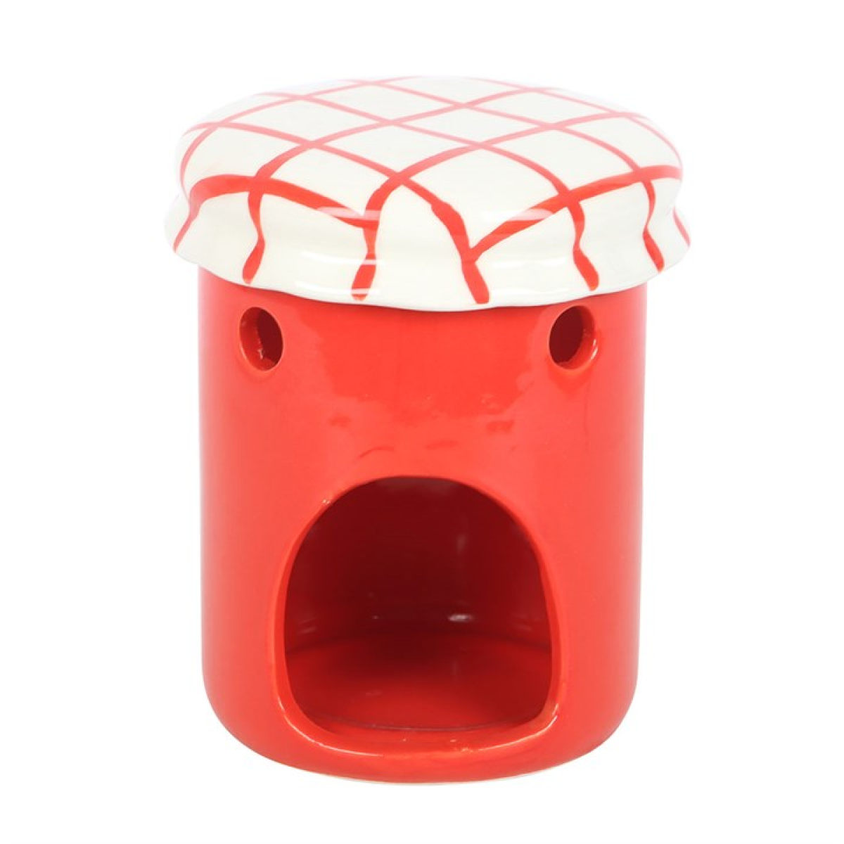 Strawberry jam jar shaped ceramic wax melter with gingham lid.