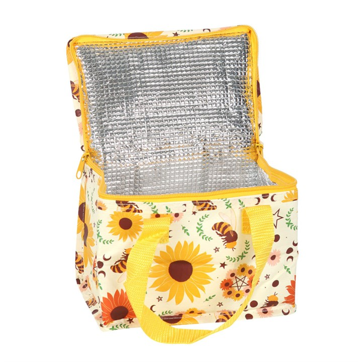 Insulated reusable lunch bag with summer solstice-inspired pattern.