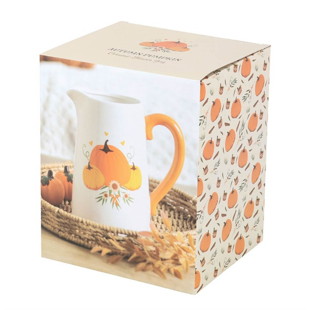 White pitcher flower jug with trio of pumpkin motif and orange handle. Presented in a themed box.