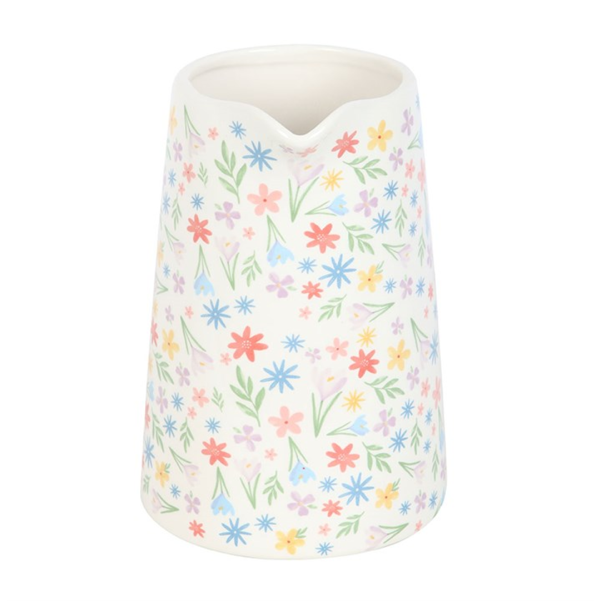 white ceramic flower jug with pastel floral motif. 