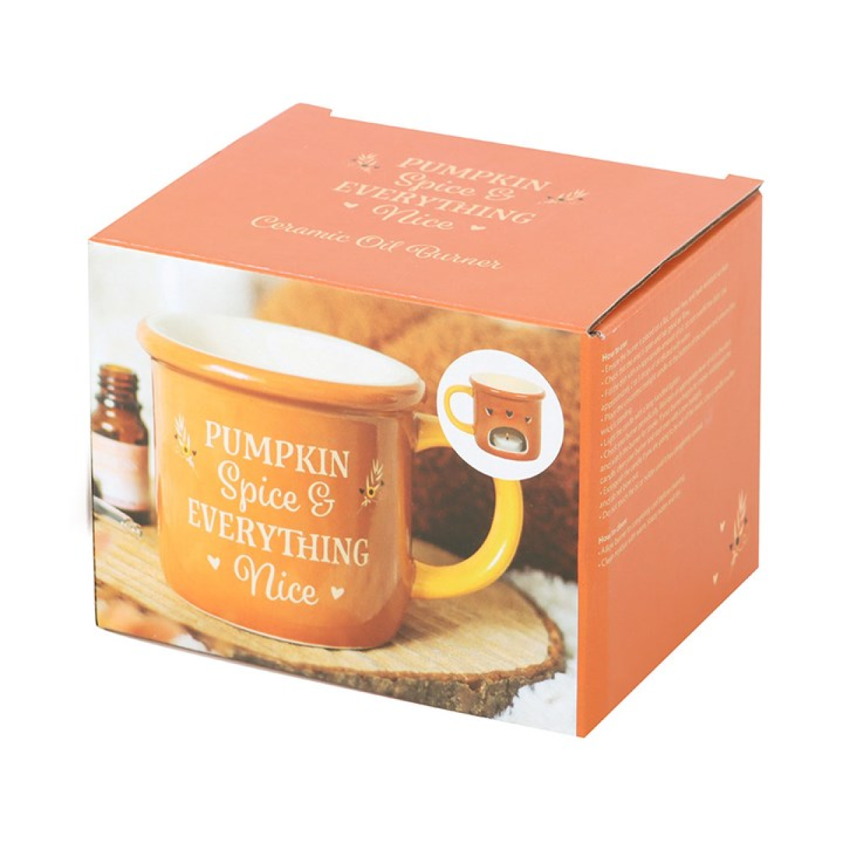 Pumpkin spice and everything nice ceramic mug shaped wax melter and oil burner. Presented in themed box.