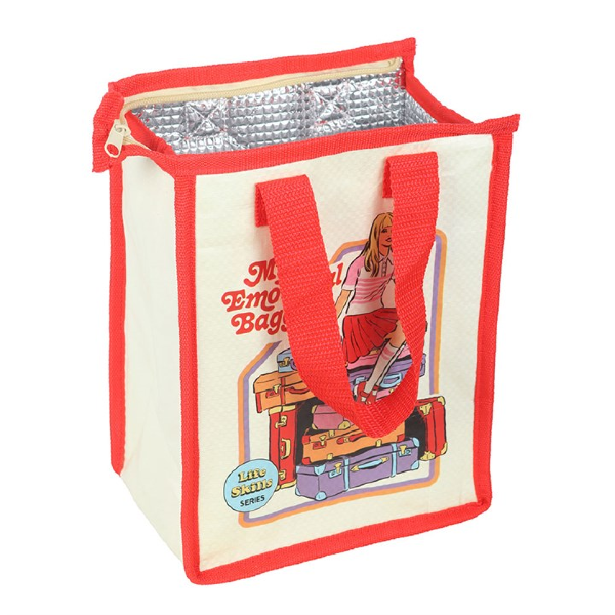 My Emotional Baggage retro reusable lunch bag designed by Steven Rhodes.  Insulated and made from recycled plastic.