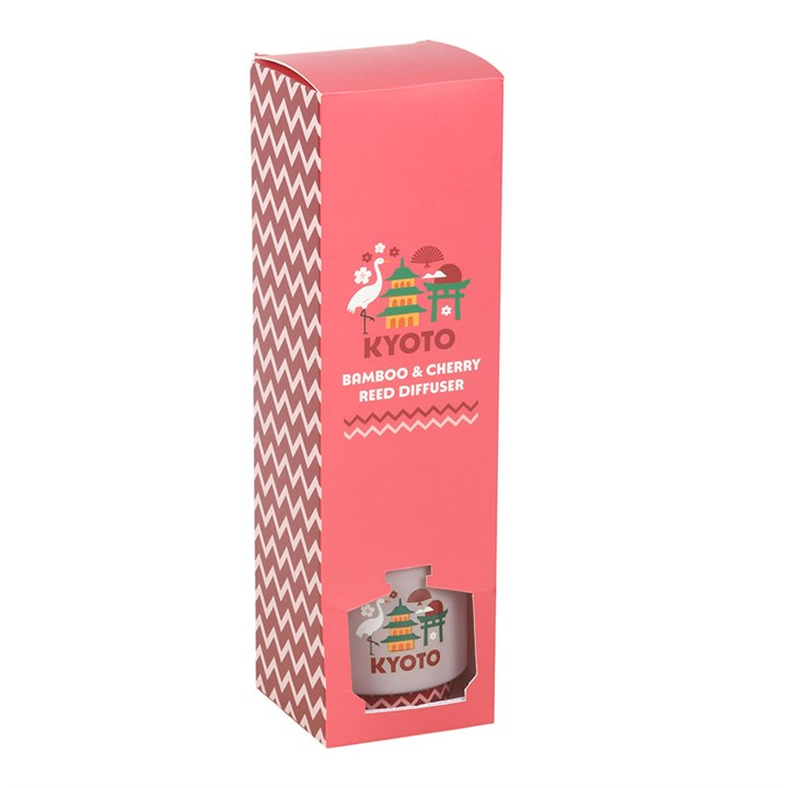Kyoto bamboo and cherry reed diffuser, presented in a light pink bottle with Japanese city design. Includes reeds. 