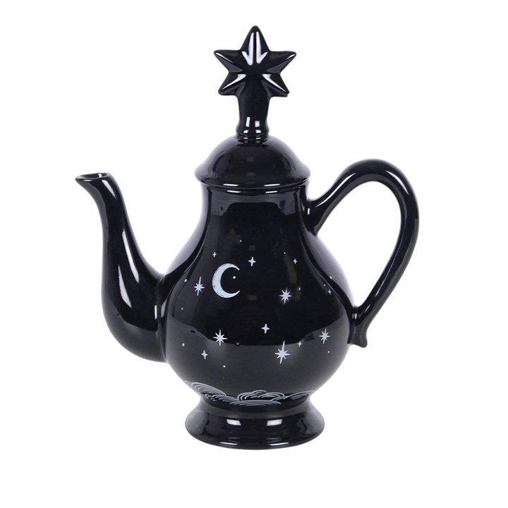 Striking tea pot with celestial design on a black background and a star-capped lid. 